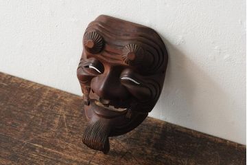 骨董　在銘　古い木彫翁面(作家物、能面、おきな)(R-043725)