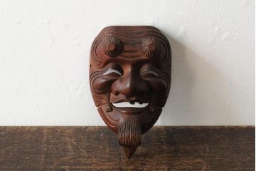 骨董　在銘　古い木彫翁面(作家物、能面、おきな)(R-043725)