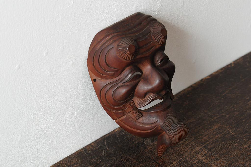 骨董　在銘　古い木彫翁面(作家物、能面、おきな)(R-043725)