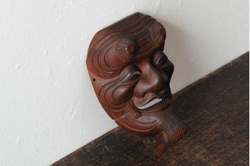 骨董　在銘　古い木彫翁面(作家物、能面、おきな)(R-043725)