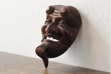 骨董　在銘　古い木彫翁面(作家物、能面、おきな)(R-043725)
