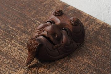 骨董　在銘　古い木彫翁面(作家物、能面、おきな)(R-043725)