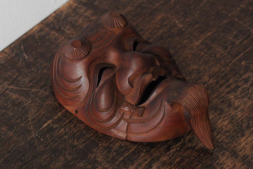 骨董　在銘　古い木彫翁面(作家物、能面、おきな)(R-043725)