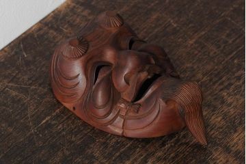 骨董　在銘　古い木彫翁面(作家物、能面、おきな)(R-043725)