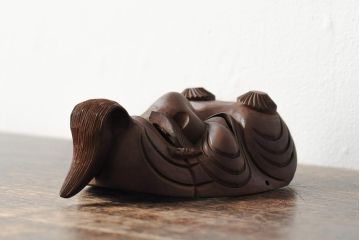 骨董　在銘　古い木彫翁面(作家物、能面、おきな)(R-043725)