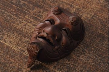骨董　在銘　古い木彫翁面(作家物、能面、おきな)(R-043725)