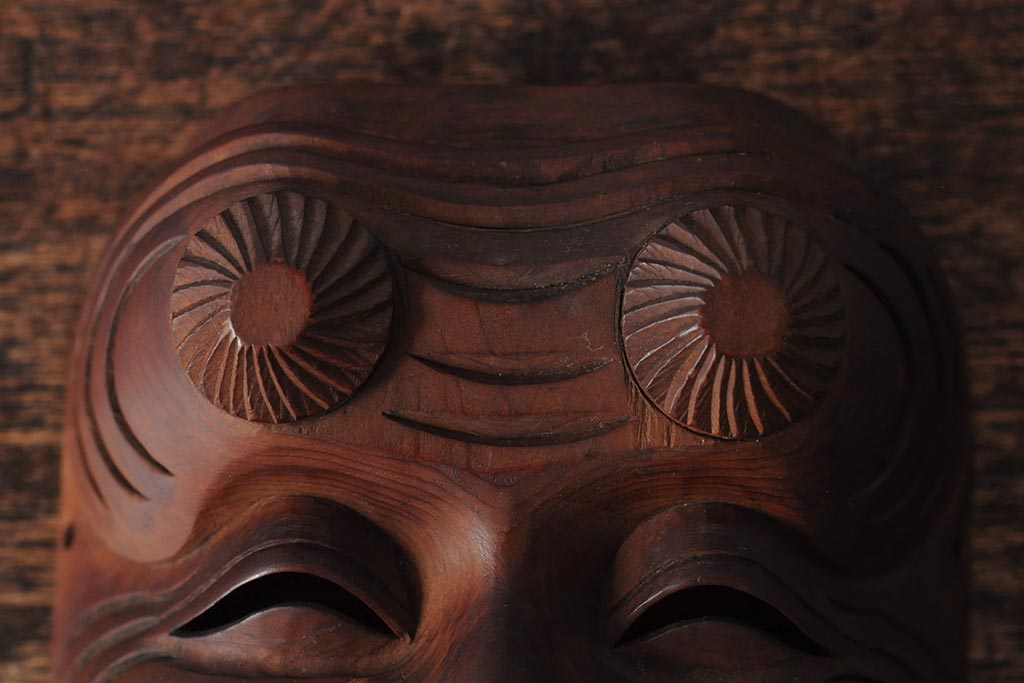 骨董　在銘　古い木彫翁面(作家物、能面、おきな)(R-043725)