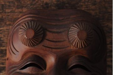 骨董　在銘　古い木彫翁面(作家物、能面、おきな)(R-043725)