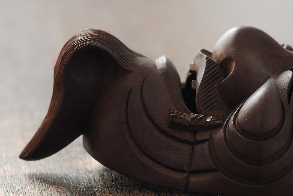 骨董　在銘　古い木彫翁面(作家物、能面、おきな)(R-043725)