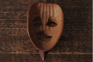 骨董　在銘　古い木彫翁面(作家物、能面、おきな)(R-043725)