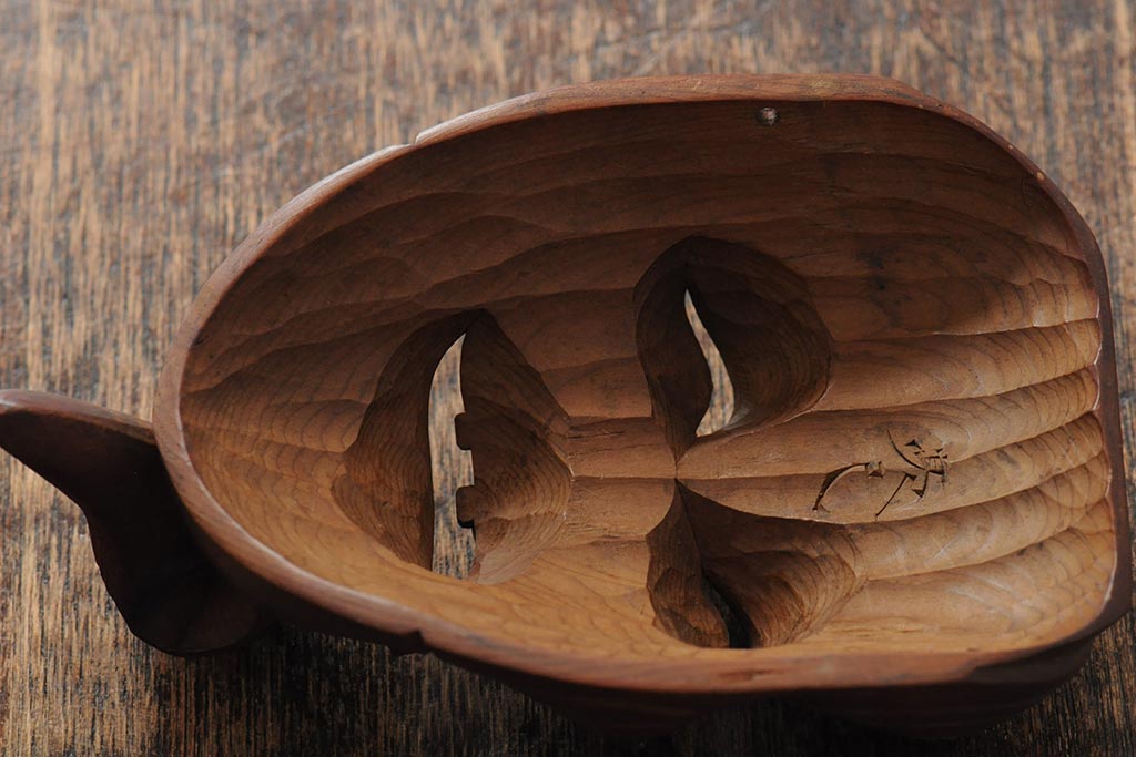 骨董　在銘　古い木彫翁面(作家物、能面、おきな)(R-043725)