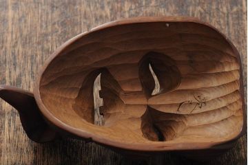 骨董　在銘　古い木彫翁面(作家物、能面、おきな)(R-043725)