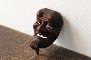 骨董　在銘　古い木彫翁面(作家物、能面、おきな)(R-043725)