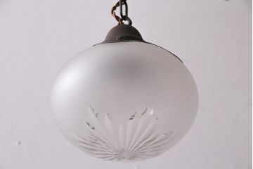 アンティーク照明　和製アンティーク　切子細工　大正ロマン　蕪型ペンダントライト(雫型、吊り下げ照明、天井照明)(R-043736)