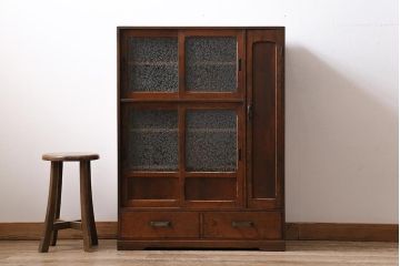 アンティーク家具　ヒノキ材　引き出し付き　結霜ガラス入りの味のある下駄箱(収納棚、戸棚、キャビネット)(R-043743)