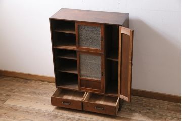 アンティーク家具　ヒノキ材　引き出し付き　結霜ガラス入りの味のある下駄箱(収納棚、戸棚、キャビネット)(R-043743)