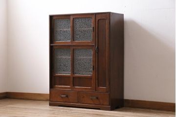 アンティーク家具　ヒノキ材　引き出し付き　結霜ガラス入りの味のある下駄箱(収納棚、戸棚、キャビネット)(R-043743)