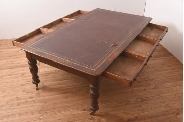 アンティーク家具　イギリスアンティーク　特大!　マホガニー材　図書館で使われていた両面引き出しのレザートップテーブル(デスク、在宅ワーク、在宅用ダイニングテーブル)(R-043751)