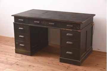 レトロ家具　組み立て式　ノスタルジックな雰囲気が素敵な両袖デスク(両袖机、在宅ワーク、在宅用ワークデスク)(R-043754)