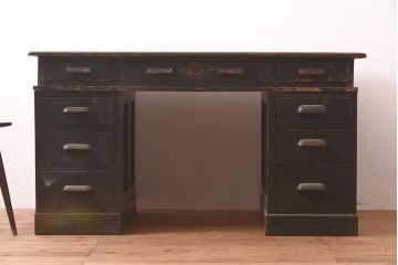 レトロ家具　組み立て式　ノスタルジックな雰囲気が素敵な両袖デスク(両袖机、在宅ワーク、在宅用ワークデスク)(R-043754)