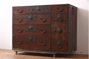 アンティーク家具　明治期　前面ケヤキ材　和の風格漂う仙台箪笥(衣装箪笥、時代箪笥、収納タンス、引き出し)(R-043756)
