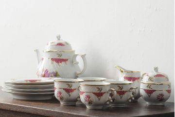 中古　ハンガリー　HOLLOHAZA(ホロハーザ)　Henriette(ヘンリエッタ)　ティーセット(ポット、カップ&ソーサー、プレート、シュガーポット、ミルクジャグ)(R-043764)