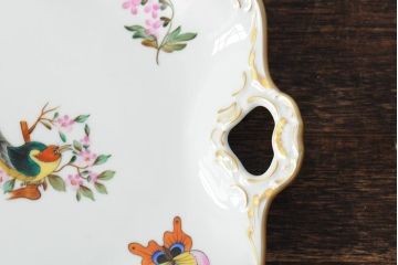 ヴィンテージ　ハンガリー製　Royal Danube(ロイヤル・ドナウ)　hand painted　蝶・鳥　ゴールドリムが気品溢れるスクエアディッシュ(ビンテージ)(R-043768)