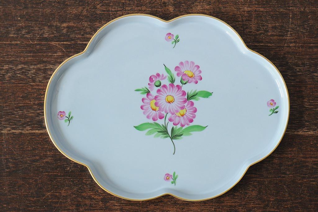 中古　ヘレンド　ハンガリー　HEREND HVNGARY　プレート　フラワーモチーフのトレイ(HUNGARY、変形皿)(R-043769)