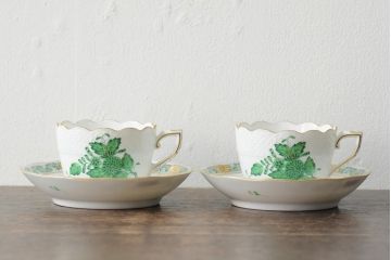 中古　ハンガリー　HEREND(ヘレンド)　アポニーグリーン　カップ&ソーサー2客セット(洋食器)(R-043773)