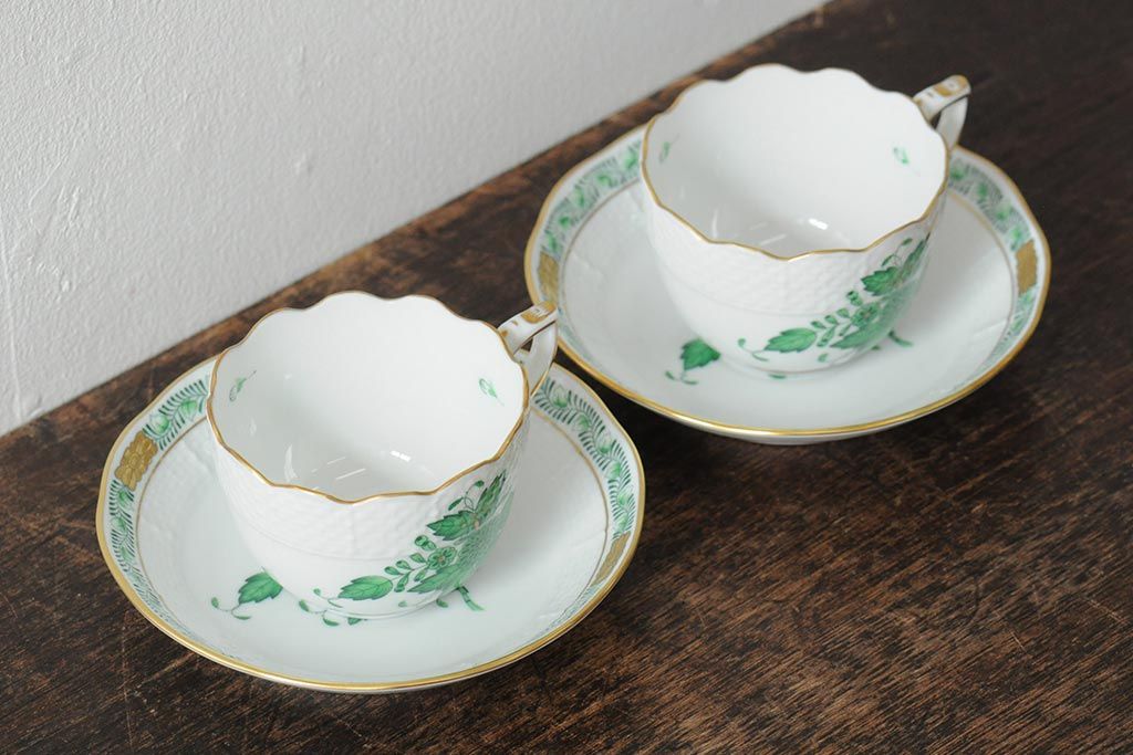 中古　ハンガリー　HEREND(ヘレンド)　アポニーグリーン　カップ&ソーサー2客セット(洋食器)(R-043773)
