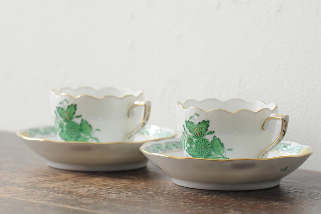 中古　ハンガリー　HEREND(ヘレンド)　アポニーグリーン　カップ&ソーサー2客セット(洋食器)(R-043773)