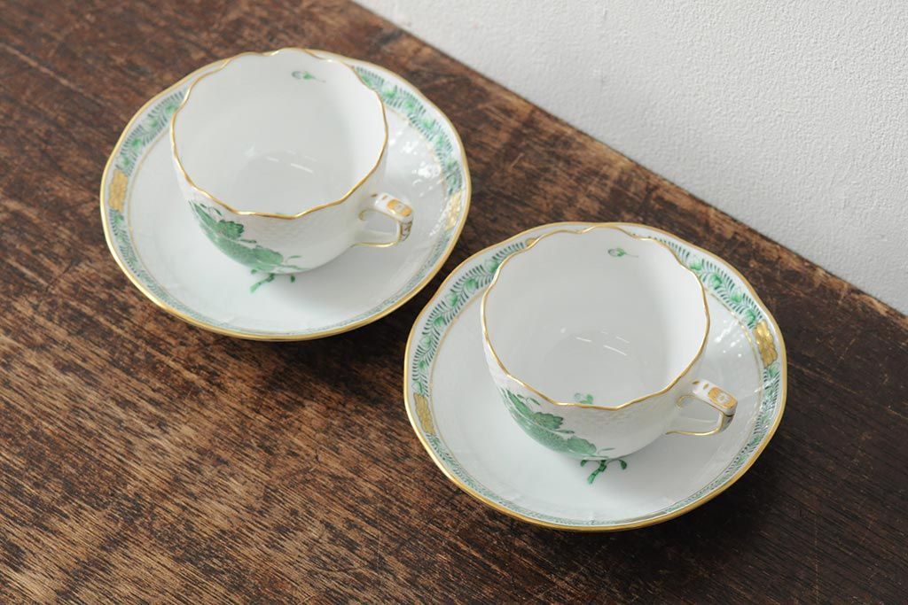 中古　ハンガリー　HEREND(ヘレンド)　アポニーグリーン　カップ&ソーサー2客セット(洋食器)(R-043773)