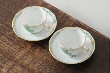 中古　ハンガリー　HEREND(ヘレンド)　アポニーグリーン　カップ&ソーサー2客セット(洋食器)(R-043773)