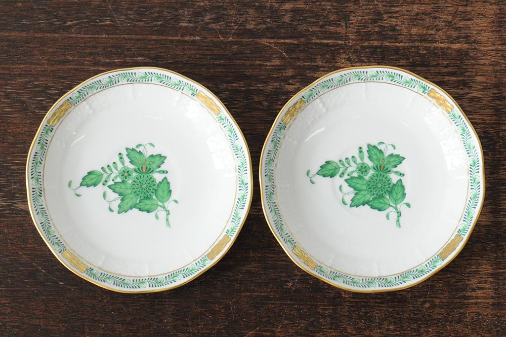 中古　ハンガリー　HEREND(ヘレンド)　アポニーグリーン　カップ&ソーサー2客セット(洋食器)(R-043773)
