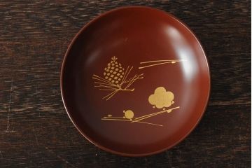 大正昭和初期　松ぼっくり松葉蒔絵　木製お椀6客(時代物漆器)(R-043776)