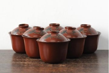 大正昭和初期　松ぼっくり松葉蒔絵　木製お椀6客(時代物漆器)(R-043776)