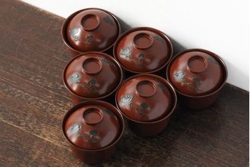 大正昭和初期　松ぼっくり松葉蒔絵　木製お椀6客(時代物漆器)(R-043776)