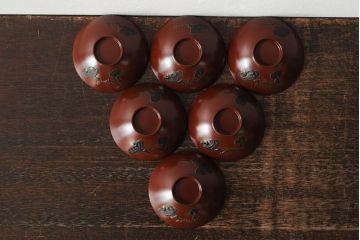 大正昭和初期　松ぼっくり松葉蒔絵　木製お椀6客(時代物漆器)(R-043776)