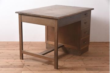 レトロ家具　ナラ材　使いこまれた味わいが魅力のシンプルな片袖デスク(ワークデスク、在宅ワーク、在宅用、片袖机)(R-043782)