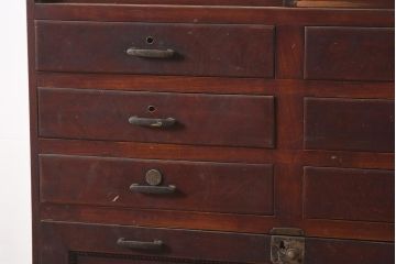 アンティーク家具　大正昭和初期　三方ケヤキ材　上手物　珍しいデザインのライティングビューロー(簿記机、在宅ワーク、在宅用ワークデスク、チェスト、収納棚)(R-0343784)
