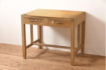 レトロ家具　昭和中期　ナラ材　栓材　明るい木色があたたかみを感じる平机(デスク、ワークデスク、在宅ワーク、在宅用)(R-043789)