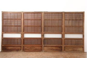 アンティーク建具　腰板ケヤキ材　裏障子付き　格子戸4枚セット(引き戸、建具)(R-043803)