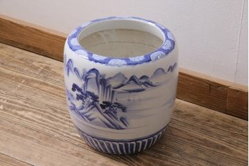 アンティーク雑貨　昭和初期　山水図　風情溢れる瀬戸火鉢(鉢カバー)(R-043816)