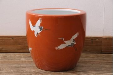 アンティーク雑貨　ノリタケ・則武(日陶)　鶴の図　朱色が目を引く小振りの瀬戸火鉢(手あぶり、鉢カバー)(R-043817)