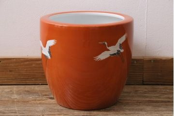 アンティーク雑貨　ノリタケ・則武(日陶)　鶴の図　朱色が目を引く小振りの瀬戸火鉢(手あぶり、鉢カバー)(R-043817)