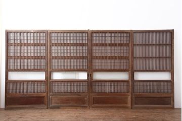 アンティーク建具　昭和中期　裏障子付き　腰板欅(ケヤキ)材　格子戸4枚セット(ガラス帯戸、引き戸)(R-043838)