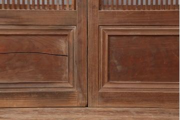 アンティーク建具　昭和中期　裏障子付き　腰板欅(ケヤキ)材　格子戸4枚セット(ガラス帯戸、引き戸)(R-043838)