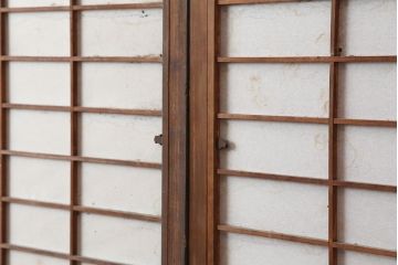 アンティーク建具　昭和中期　裏障子付き　腰板欅(ケヤキ)材　格子戸4枚セット(障子戸、ガラス帯戸、引き戸)(R-043840)