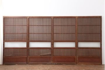 アンティーク建具　昭和中期　裏障子付き　腰板欅(ケヤキ)材　格子戸4枚セット(障子戸、ガラス帯戸、引き戸)(R-043840)