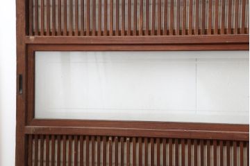 アンティーク建具　昭和中期　裏障子付き　腰板欅(ケヤキ)材　格子戸4枚セット(障子戸、ガラス帯戸、引き戸)(R-043840)